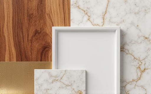 Palette de matériaux nobles: bois, marbre et laiton