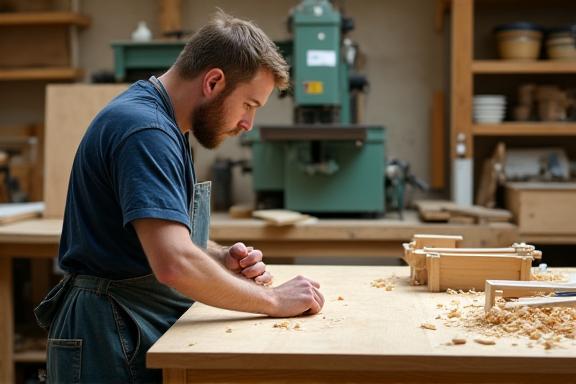 Ébéniste assemblant un meuble dans un atelier