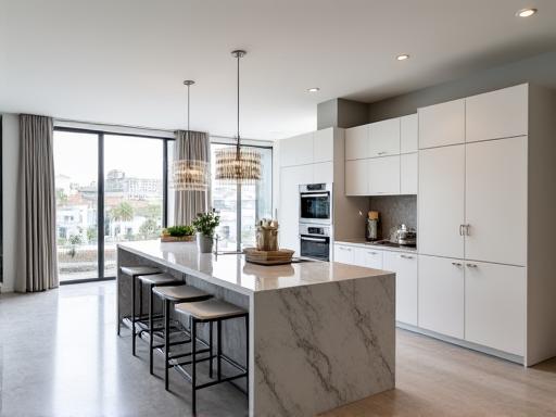 Cuisine sur mesure avec îlot central en marbre