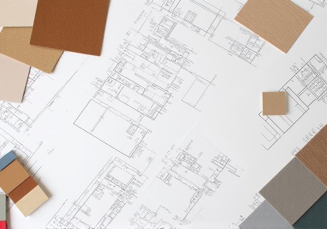 Plans d'architecte et échantillons de matériaux sur une table de travail