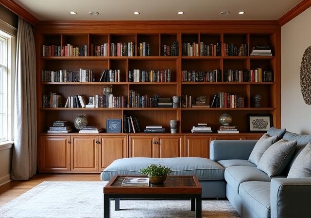 Magnifique bibliothèque sur mesure en chêne massif dans un salon